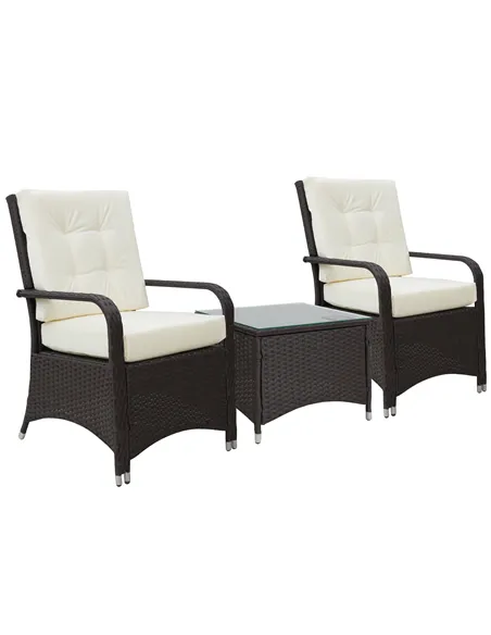 Outsunny 3 Pieces Rattan Bistro Set with Furniture Cover, Wicker Garden Furniture Set, Glass Top Coffee Table and Chairs with Cu