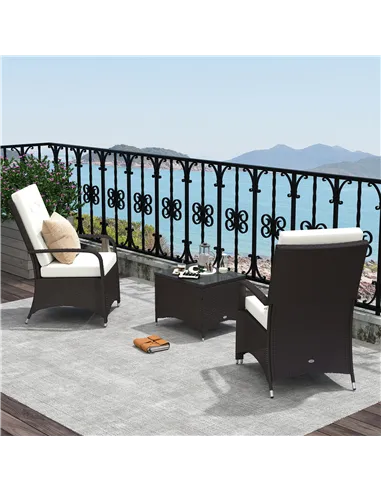 Outsunny 3 Pieces Rattan Bistro Set with Furniture Cover, Wicker Garden Furniture Set, Glass Top Coffee Table and Chairs with Cu
