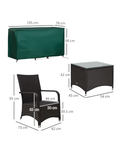 Outsunny 3 Pieces Rattan Bistro Set with Furniture Cover, Wicker Garden Furniture Set, Glass Top Coffee Table and Chairs with Cu