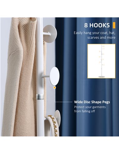 HOMCOM Coat Rack Free Standing Hall Tree with 8 Round Disc Hooks for Clothes, Hats,Purses, Steel Entryway Coat Stand with Marble