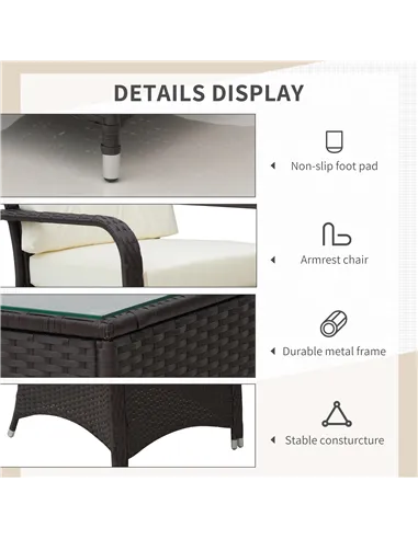 Outsunny 3 Pieces Rattan Bistro Set with Furniture Cover, Wicker Garden Furniture Set, Glass Top Coffee Table and Chairs with Cu