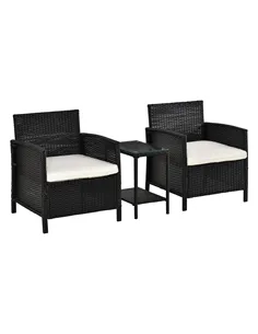 Outsunny 2-Seater PE Rattan Side Table & Armchair Bistro Set Jack and Jill Seat w/ Pillows Black