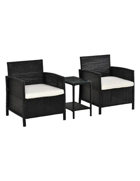 Outsunny 2-Seater PE Rattan Side Table & Armchair Bistro Set Jack and Jill Seat w/ Pillows Black