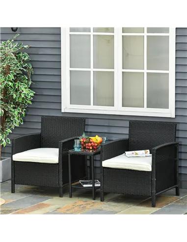 Outsunny 2-Seater PE Rattan Side Table & Armchair Bistro Set Jack and Jill Seat w/ Pillows Black