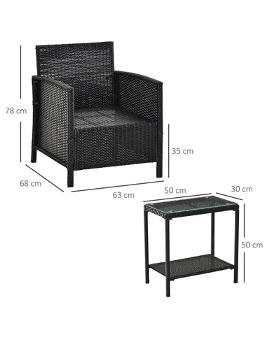 Outsunny 2-Seater PE Rattan Side Table & Armchair Bistro Set Jack and Jill Seat w/ Pillows Black