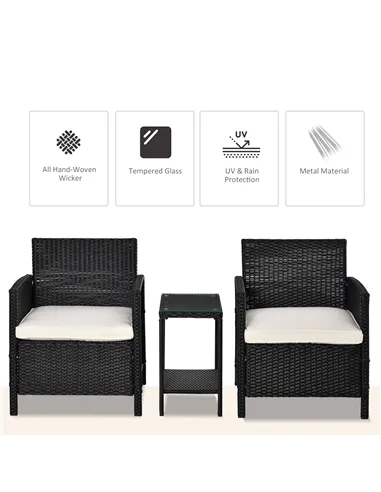 Outsunny 2-Seater PE Rattan Side Table & Armchair Bistro Set Jack and Jill Seat w/ Pillows Black
