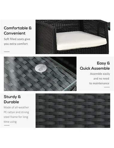 Outsunny 2-Seater PE Rattan Side Table & Armchair Bistro Set Jack and Jill Seat w/ Pillows Black