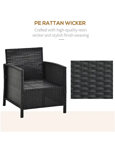 Outsunny 2-Seater PE Rattan Side Table & Armchair Bistro Set Jack and Jill Seat w/ Pillows Black