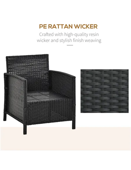 Outsunny 2-Seater PE Rattan Side Table & Armchair Bistro Set Jack and Jill Seat w/ Pillows Black