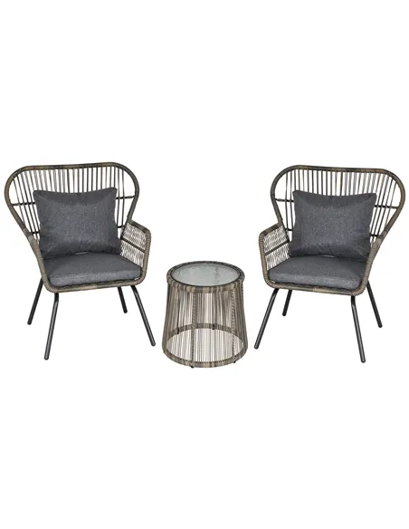 Outsunny 3 Pieces Rattan Bistro Set, Wicker Garden Furniture Set with Cushions, Glass Top Coffee Table and Chairs for Outdoor, P