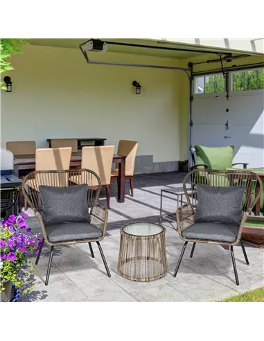 Outsunny 3 Pieces Rattan Bistro Set, Wicker Garden Furniture Set with Cushions, Glass Top Coffee Table and Chairs for Outdoor, P