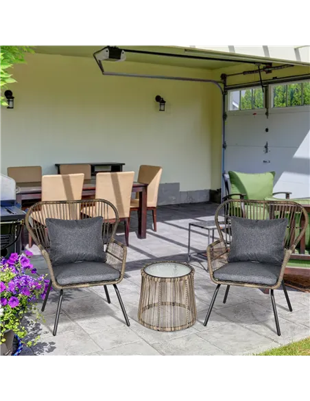 Outsunny 3 Pieces Rattan Bistro Set, Wicker Garden Furniture Set with Cushions, Glass Top Coffee Table and Chairs for Outdoor, P