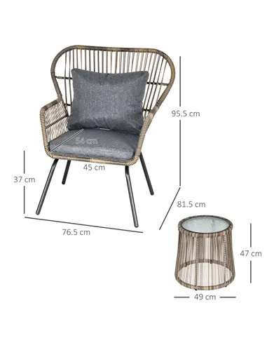 Outsunny 3 Pieces Rattan Bistro Set, Wicker Garden Furniture Set with Cushions, Glass Top Coffee Table and Chairs for Outdoor, P