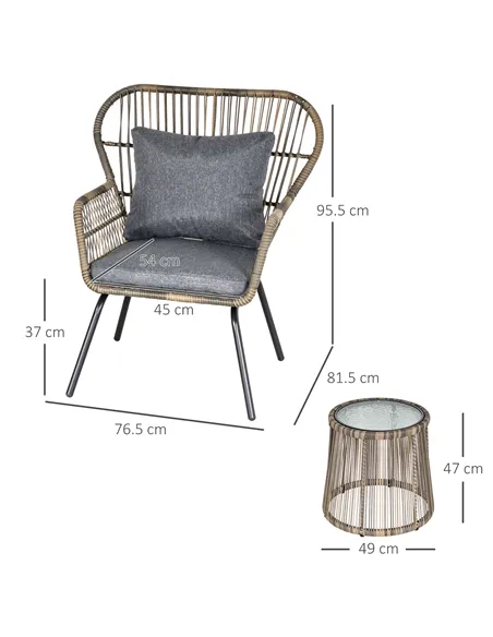 Outsunny 3 Pieces Rattan Bistro Set, Wicker Garden Furniture Set with Cushions, Glass Top Coffee Table and Chairs for Outdoor, P