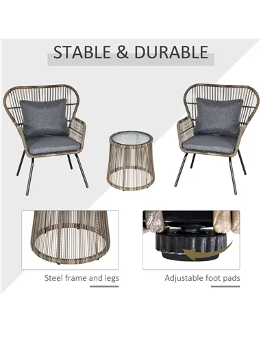 Outsunny 3 Pieces Rattan Bistro Set, Wicker Garden Furniture Set with Cushions, Glass Top Coffee Table and Chairs for Outdoor, P