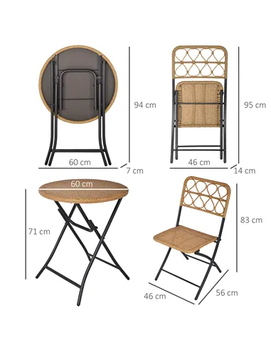Outsunny 2 Seater Foldable Rattan Wicker Bistro Set, Coffee Table and Chairs, Natural