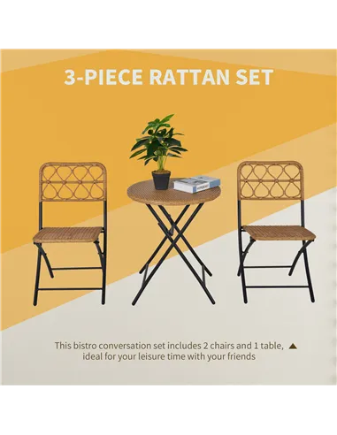 Outsunny 2 Seater Foldable Rattan Wicker Bistro Set, Coffee Table and Chairs, Natural