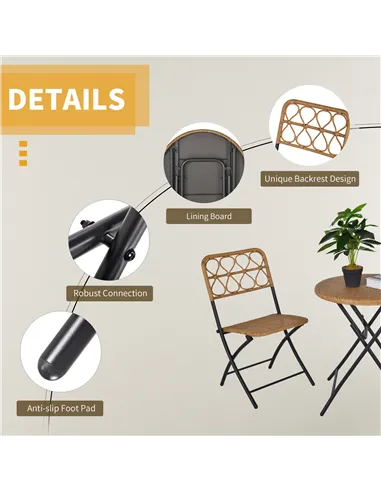 Outsunny 2 Seater Foldable Rattan Wicker Bistro Set, Coffee Table and Chairs, Natural