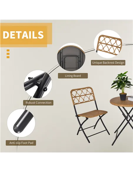 Outsunny 2 Seater Foldable Rattan Wicker Bistro Set, Coffee Table and Chairs, Natural
