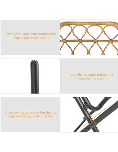 Outsunny 2 Seater Foldable Rattan Wicker Bistro Set, Coffee Table and Chairs, Natural