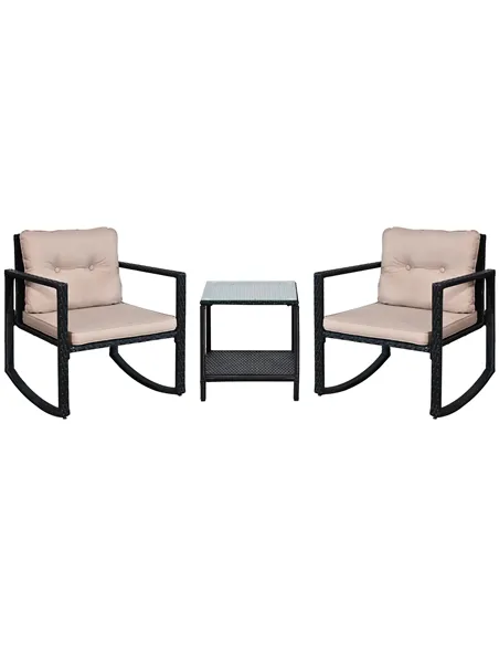 Outsunny 3 Pieces Rattan Garden Rocking Chair Set, Outdoor Rocking Bistro Set w/ 2 Cushioned Armchair and Glass Top Two-tier Cof