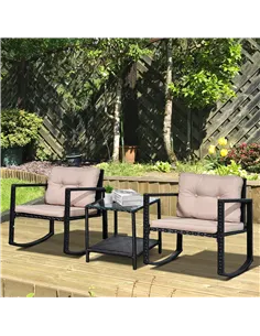 Outsunny 3 Pieces Rattan Garden Rocking Chair Set, Outdoor Rocking Bistro Set w/ 2 Cushioned Armchair and Glass Top Two-tier Cof 2
