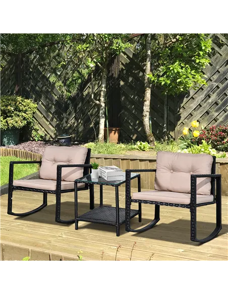 Outsunny 3 Pieces Rattan Garden Rocking Chair Set, Outdoor Rocking Bistro Set w/ 2 Cushioned Armchair and Glass Top Two-tier Cof
