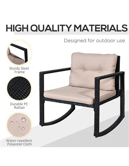 Outsunny 3 Pieces Rattan Garden Rocking Chair Set, Outdoor Rocking Bistro Set w/ 2 Cushioned Armchair and Glass Top Two-tier Cof