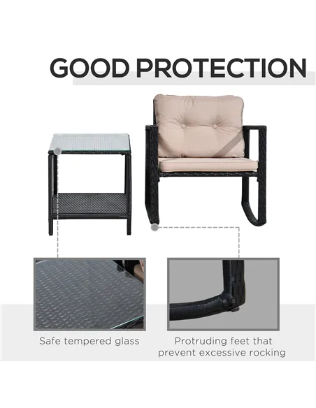 Outsunny 3 Pieces Rattan Garden Rocking Chair Set, Outdoor Rocking Bistro Set w/ 2 Cushioned Armchair and Glass Top Two-tier Cof