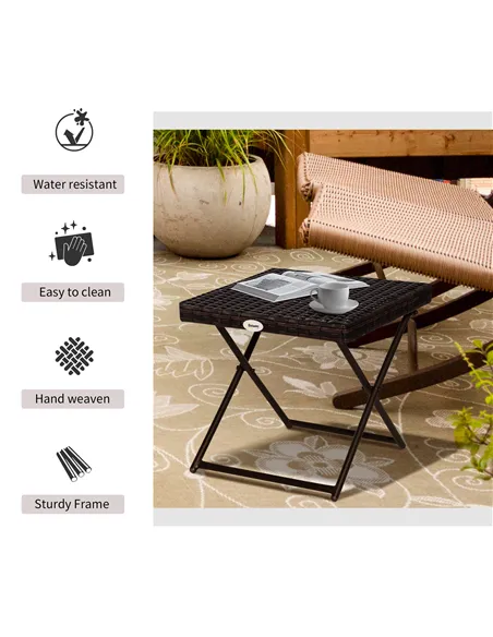 Outsunny Folding Rattan Garden Coffee Table, Small Square Outdoor Bistro Side Table with Rattan Top for Patio, Balcony, Porch, 4