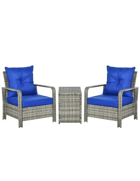 Outsunny 3 Pieces Rattan Bistro Set, Wicker Garden Furniture Set with Storage Coffee Table and Chairs, Thickened Cushions for Ou