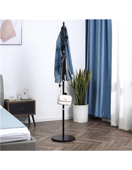 HOMCOM Coat Rack Free Standing Hall Tree with 8 Round Disc Hooks for Clothes, Hats,Purses, Steel Entryway Coat Stand with Marble
