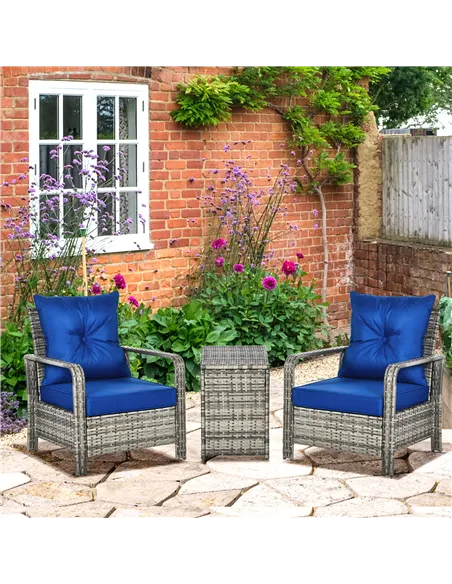 Outsunny 3 Pieces Rattan Bistro Set, Wicker Garden Furniture Set with Storage Coffee Table and Chairs, Thickened Cushions for Ou