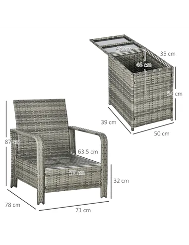 Outsunny 3 Pieces Rattan Bistro Set, Wicker Garden Furniture Set with Storage Coffee Table and Chairs, Thickened Cushions for Ou