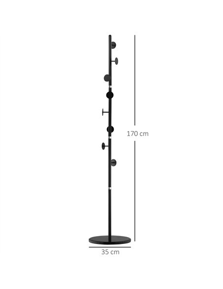HOMCOM Coat Rack Free Standing Hall Tree with 8 Round Disc Hooks for Clothes, Hats,Purses, Steel Entryway Coat Stand with Marble