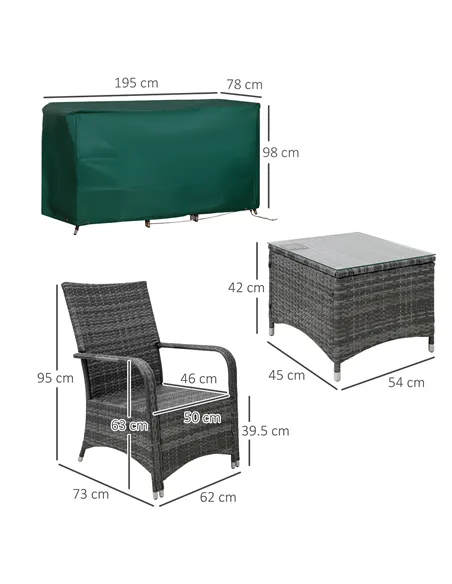 Outsunny 2-Seater Rattan Table Chair Bistro Garden Furniture Set Wicker Table Outdoor Patio