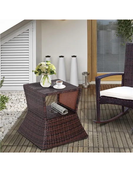 Outsunny Rattan Outdoor Coffee Table, Wicker Garden Patio Bistro Side Table with Umbrella Hole and Storage Space for Balcony, Po