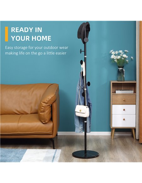 HOMCOM Coat Rack Free Standing Hall Tree with 8 Round Disc Hooks for Clothes, Hats,Purses, Steel Entryway Coat Stand with Marble