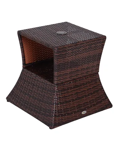 Outsunny Rattan Outdoor Coffee Table, Wicker Garden Patio Bistro Side Table with Umbrella Hole and Storage Space for Balcony, Po