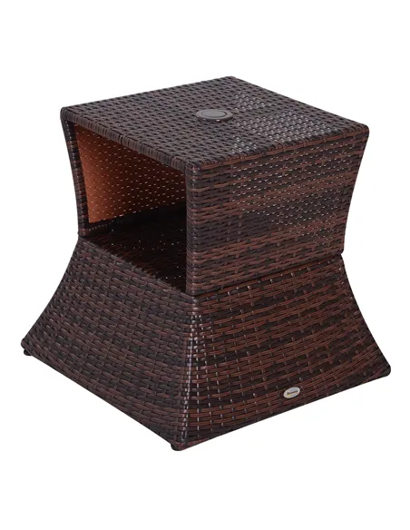 Outsunny Rattan Outdoor Coffee Table, Wicker Garden Patio Bistro Side Table with Umbrella Hole and Storage Space for Balcony, Po