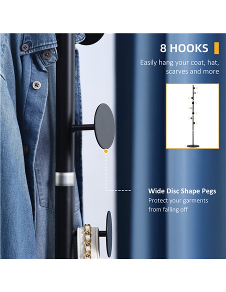 HOMCOM Coat Rack Free Standing Hall Tree with 8 Round Disc Hooks for Clothes, Hats,Purses, Steel Entryway Coat Stand with Marble