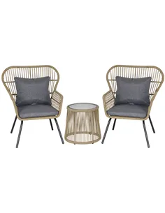 Outsunny 3 Pieces Rattan Bistro Set, Wicker Garden Furniture Set with Cushions, Glass Top Coffee Table and Chairs for Outdoor, P