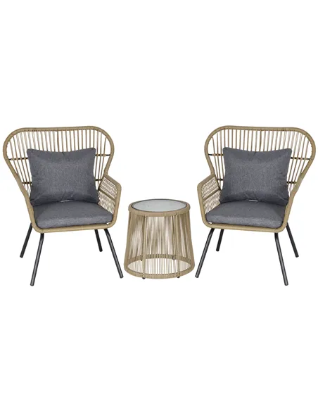 Outsunny 3 Pieces Rattan Bistro Set, Wicker Garden Furniture Set with Cushions, Glass Top Coffee Table and Chairs for Outdoor, P