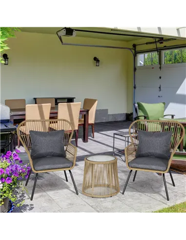 Outsunny 3 Pieces Rattan Bistro Set, Wicker Garden Furniture Set with Cushions, Glass Top Coffee Table and Chairs for Outdoor, P