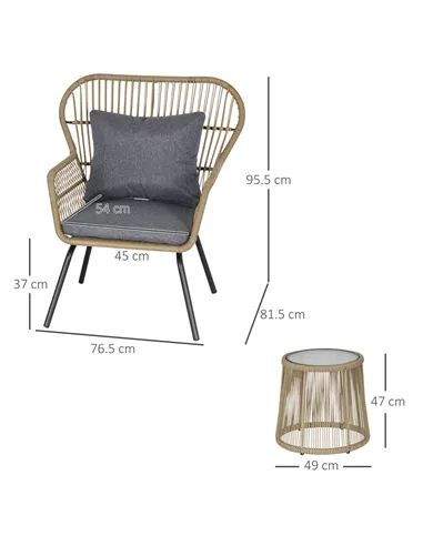 Outsunny 3 Pieces Rattan Bistro Set, Wicker Garden Furniture Set with Cushions, Glass Top Coffee Table and Chairs for Outdoor, P