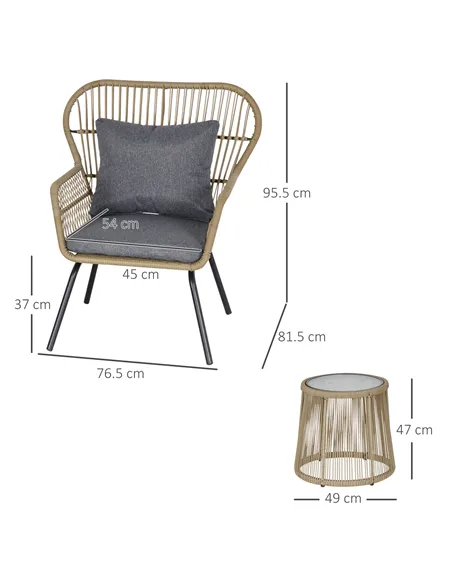 Outsunny 3 Pieces Rattan Bistro Set, Wicker Garden Furniture Set with Cushions, Glass Top Coffee Table and Chairs for Outdoor, P