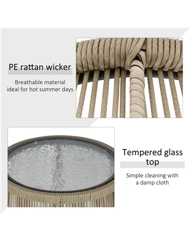 Outsunny 3 Pieces Rattan Bistro Set, Wicker Garden Furniture Set with Cushions, Glass Top Coffee Table and Chairs for Outdoor, P