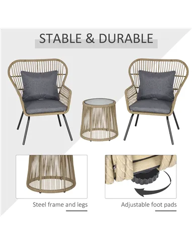 Outsunny 3 Pieces Rattan Bistro Set, Wicker Garden Furniture Set with Cushions, Glass Top Coffee Table and Chairs for Outdoor, P