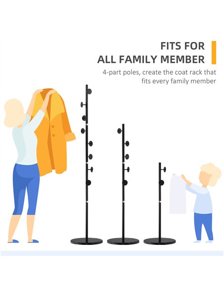 HOMCOM Coat Rack Free Standing Hall Tree with 8 Round Disc Hooks for Clothes, Hats,Purses, Steel Entryway Coat Stand with Marble