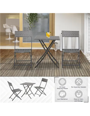 Outsunny 2-Seater Chair Bistro Set Garden Patio Table & Chair Black Rattan Furniture Grey